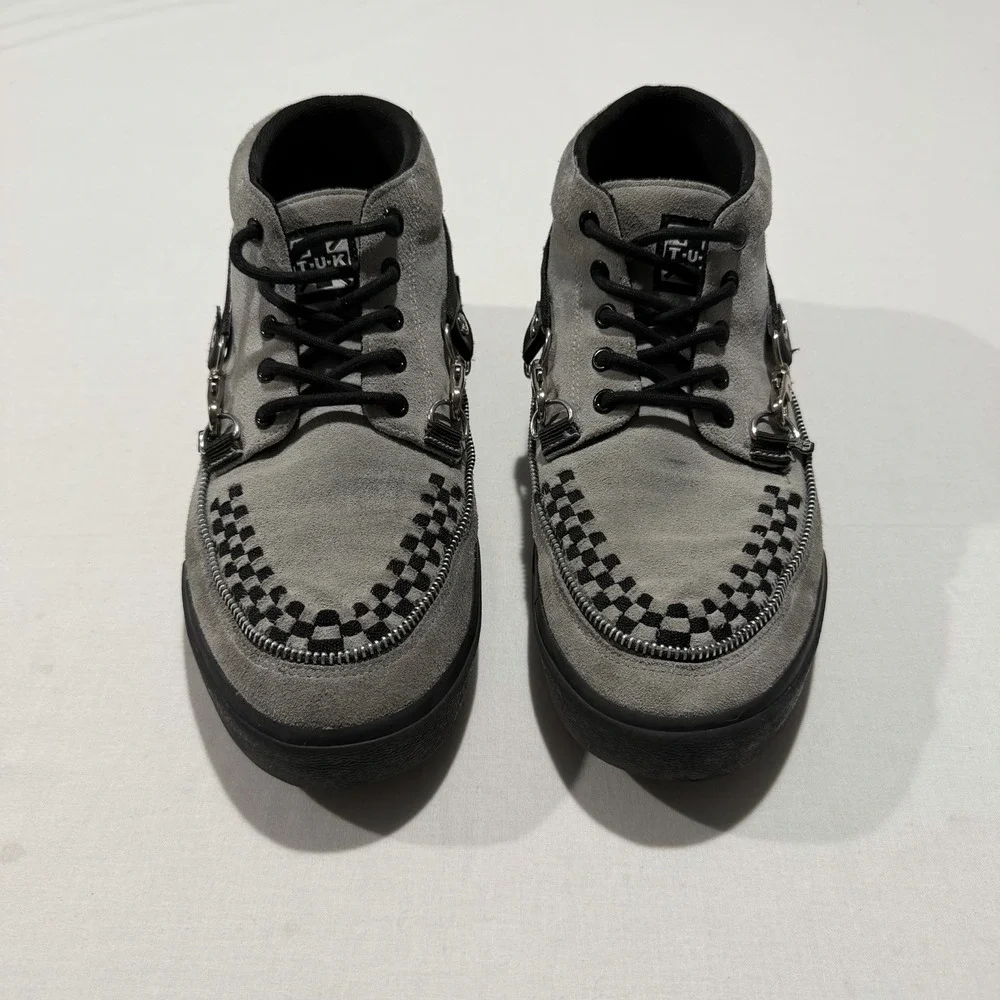 TUK Mens 12 Grey Suede Creeper Sneakers Bondage Straps D-Ring Zipper Punk Rock